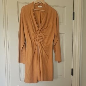 Sandro Orange Ruched Tie Front Long Sleeve Dress